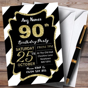 Black White Diagonal Stripes Gold 90th Personalised Birthday Party Invitations - Picture 1 of 1
