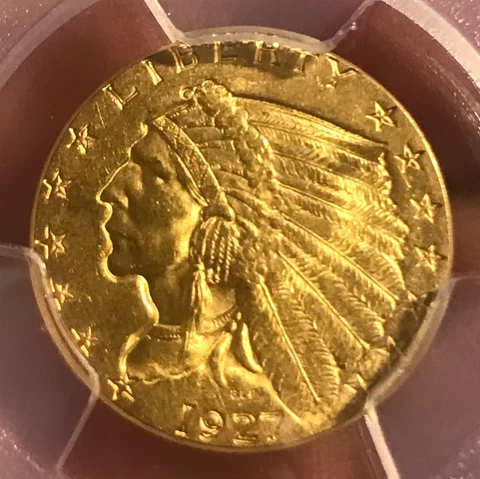 1927 $2.50 gold Indian quarter eagle , brilliant uncirculated,  PCGS MS64 Cover