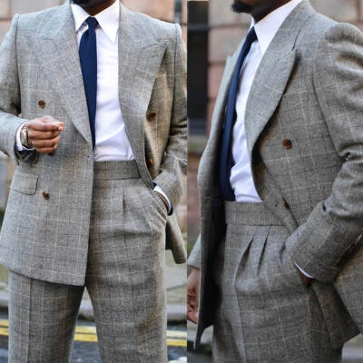 Traje de Hombre Mezcla de Lana Cuadros Pico Solapa Doble Pecho Negocios Ajuste Regular Tweed Foto 1 de 4