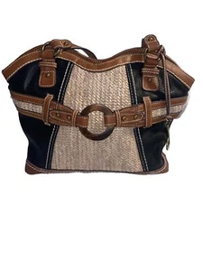 B.O.C. Handbag Straw Tan/Blue Tote Shoulder Bag Lined Faux Leather Lined - Picture 1 of 11