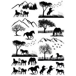 Horse Scenes 6 pcs 2.5 Inch Black Fused Glass Decals - Picture 1 of 1