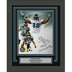 Framed Autographed/Signed Brian Dawkins 3x Inscribed HOF 18 16x20 Photo JSA COA - Picture 1 of 1