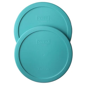 Pyrex 7 Cup Turquoise Round Plastic Food Storage Lids Set of 2 Microwave Safe - Afbeelding 1 van 4