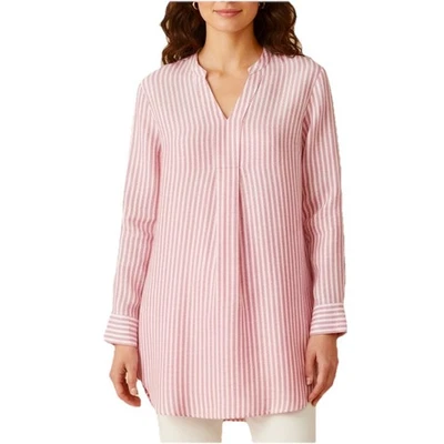 Camisa túnica LL Bean Premium lavável linho listrado gola dividida tamanho GRANDE PEQUENA - Imagem 1 de 4