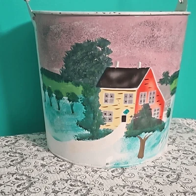 Vintage 80's Hand Painted Metal Farmhouse Scene Bucket Kitch Pail OOAK - Image 1 of 4
