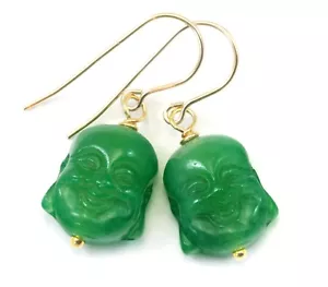 14k Solid Gold Emerald Green Quartzite Earrings Happy Buddha Drops Sterling Silv - Picture 1 of 4