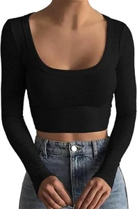 Crop Tops for Women Square Neck Long Sleeve Ribbed Cute Slim Fitted (Size:S) - Picture 1 of 7