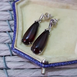 925 Sterling Silver Earrings, Natural Baltic Cherry Amber Dangle, Teardrop - Picture 1 of 6