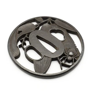 Tsuba 'Bamboo grass with a spider' Japanese Antique Sword Fitting Samurai Katana - Picture 1 of 24