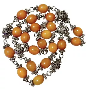 Yemeni Honey Amber Bakelite Necklace Silver Filigree Tribal Beaded Bead 29” - Picture 1 of 10