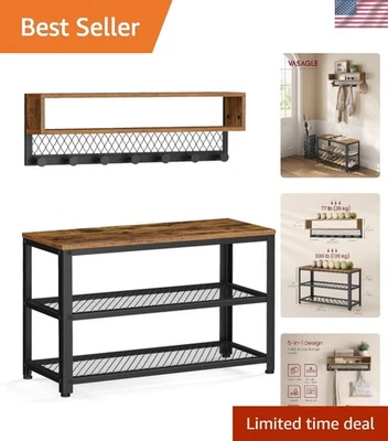 Banco para zapatos perchero marrón rústico con almacenamiento de 2 niveles para entradas elegantes Foto 1 de 4