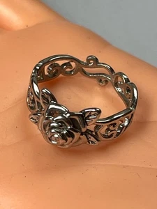 Ornate Cut-Out Silvertone Band w Dimensional Rose Flower Ring Size 10 - widest - Picture 1 of 7
