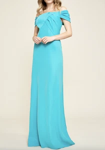 Vestido Tadashi Shoji para mujer 6 azul aguamarina crepé vestido al hombro descubierto - Imagen 1 de 12
