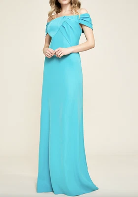 Tadashi Shoji Dress Womens 6 Blue Aquamarine Crepe Off Shoulder Gown - Image 1 of 4