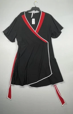 Vestido midi envolvente sintético manga acampanada NY Collection negro rojo petite talla grande 2XP Foto 1 de 4