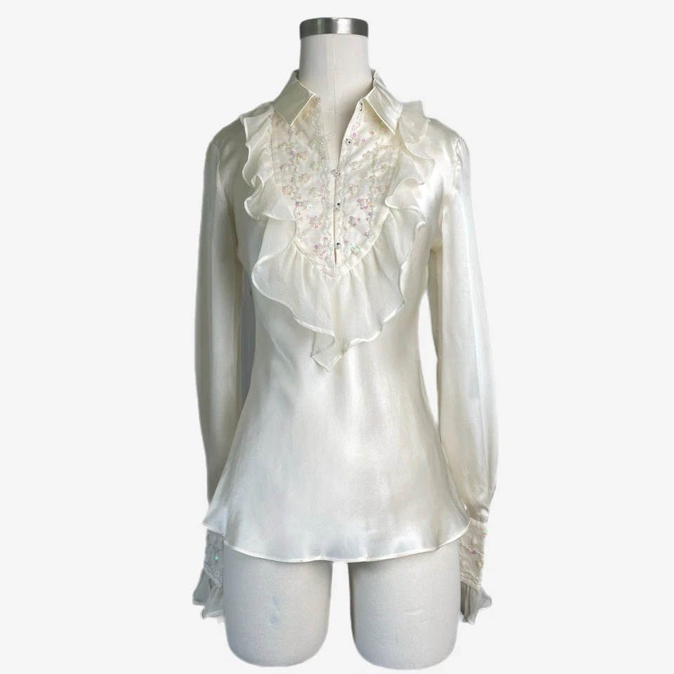 Blusa vintage Cache nueva con etiquetas Deadstock seda marfil lentejuelas cuentas volantes sirena Y2K XS Foto 1 de 4