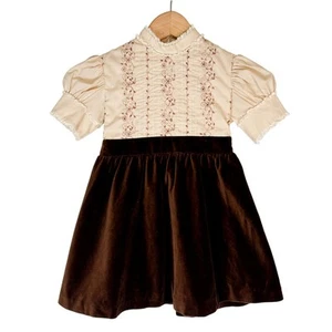 Vintage 70s Girl's Cottage Prairie Embroidered Boho Velvet Dress | 6 - Picture 1 of 7