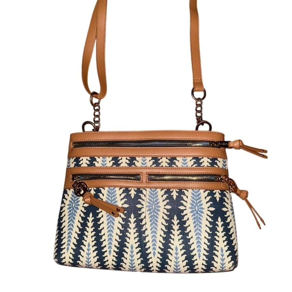 SPARTINA 449 DAUFUSKIE ISLAND CUERO TOSTADO/AZUL LINO cuero CROSSBODY monedero Foto 1 de 4