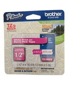 Brother TZEMQP35 White on Berry Pink Laminated Tape 0.47" x 16ft P-Touch OpenBox - Picture 1 of 3
