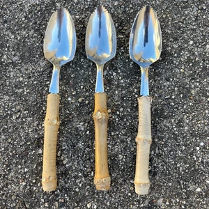 Lote de 3 cucharas de pomelo mangos de bambú dentados Japón acero inoxidable Tiki Boho - Imagen 1 de 5