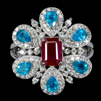 925 Sterling Silver Ring Octagon Ruby 7x5mm Apatite Natural Gemstone Jewelry 8 - Image 1 of 4