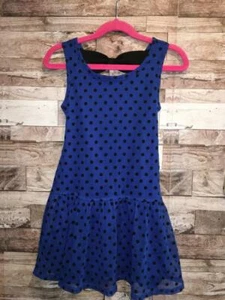 JUSTICE GIRLS 6 POLKA DOT DRESS BLUE AND BLACK SEQUIN BOW IN BACK VELVET DOTS - Picture 1 of 3