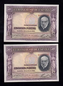 F.C. PAREJA CORRELATIVA 50 PESETAS 1935 , SERIE A , S/C- , CON TODO SU APRESTO . - Imagen 1 de 2