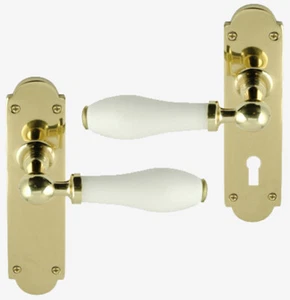 White Porcelain Lever Door Handle On Backplate Polished Brass - Picture 1 of 3