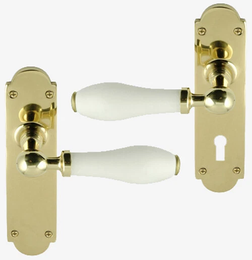 White porcelain Leva Maniglia Su Piastra Posteriore polished brass - Immagine 1 di 1