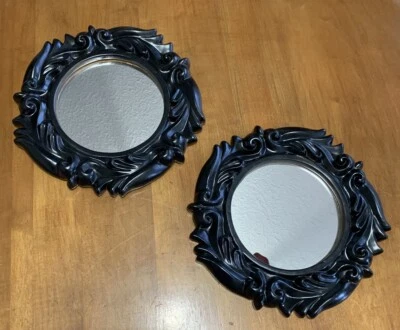 VTG Estate Wall Mirror Set 11” Round Gothic Black Gold Baked Finish Heavy Resin - Image 1 of 4