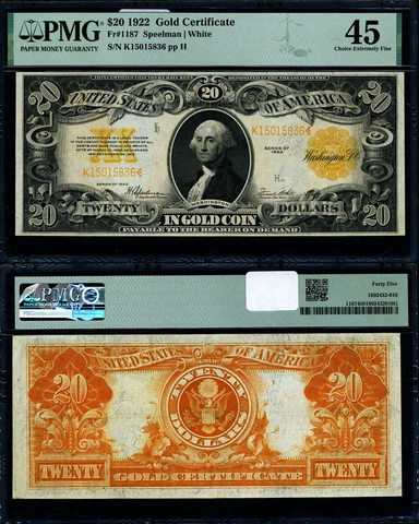 FR. 1187 $20 1922 Gold Certificate Choice PMG XF45 Cover