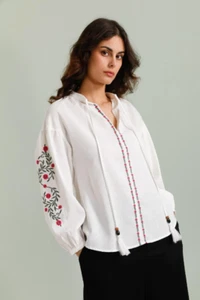 Damen Leinenmischung Blumenstickerei Perlen Langarm Pull On Bluse Top - Bild 1 von 10