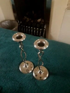 Pair Of Candle Sticks 10 Inches Tall Silvertone Christmas Table - Picture 1 of 2