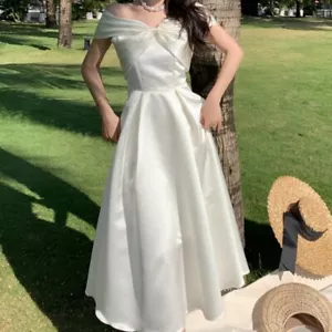 Damen Satin Kunstseide Kleid schulterfrei Rüschenschleife Fee Abschlussball schulterfrei - Bild 1 von 17