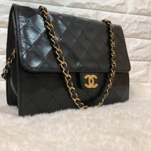 CHANEL Matelasse Chain Shoulder Bag Lambskin Black Push Lock Auth - Picture 1 of 18