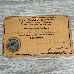 Vtg Certificate Award Handwriting 1932 Philadelphia Public School Hugh Rochester - Picture 1 of 8