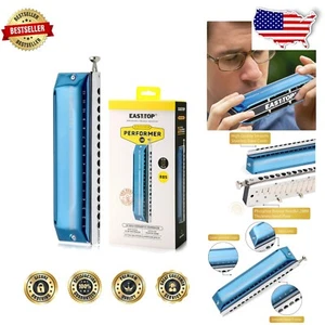 Professional Blue 16 Hole Chromatic Harmonica with Leather Case and Accessories - Picture 1 of 9