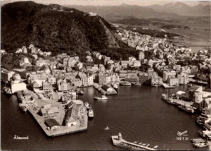 Vintage Postcard -Alesund, Norway aerial view harbor village postmark 1958 - Picture 1 of 2