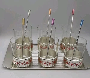 Vintage Tea Glass Cup Holders Set 6 W/ Metal Tray & Stir Sticks 1960's Atomic - Picture 1 of 9