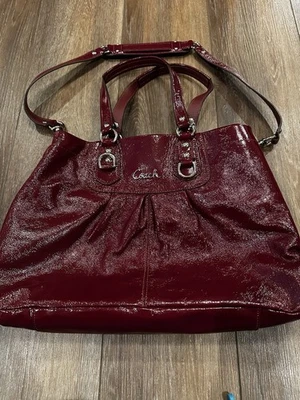 Coach Ashley Satchel Handbag Satin Patent Leather, Wine Red Color GUC - Image 1 of 4