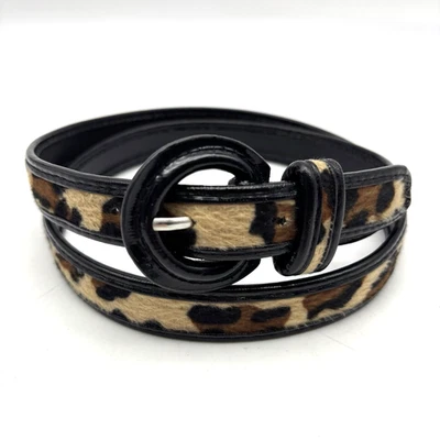 Vintage 00s Y2K Black PU Leather Faux Leopard Print Fur Skinny Belt 12 35-39" - Image 1 of 4