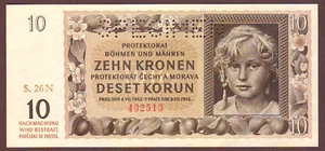 BOHEMIA & MORAVIA 10 Kronen/Korun  1942  SPECIMEN    Gem UNC - Picture 1 of 2