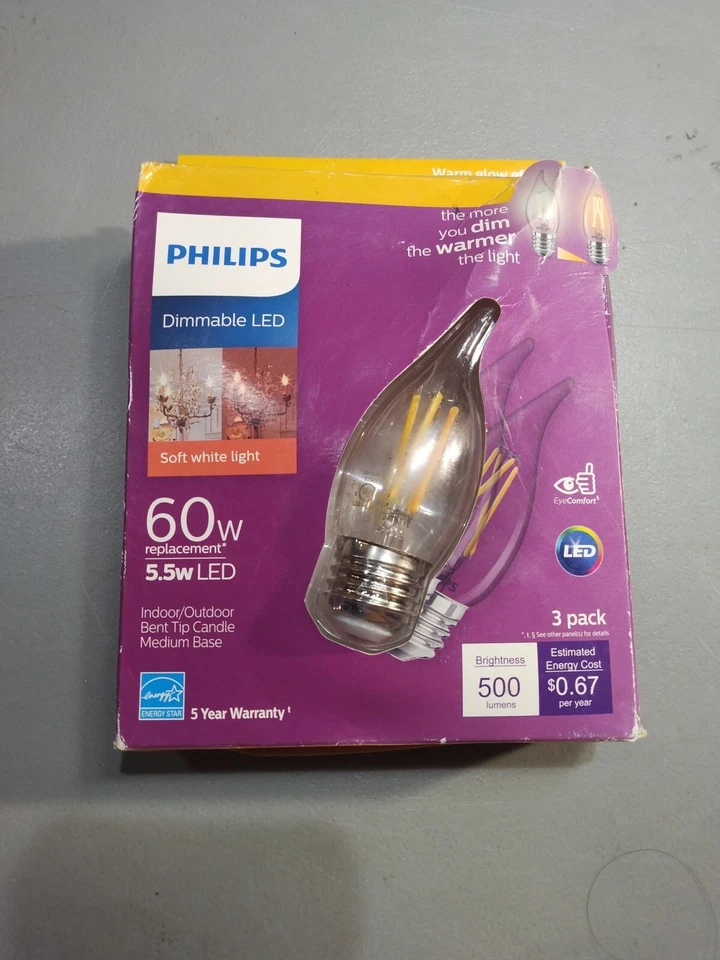 3 Philips 60w 5.5w E26 LED Candle Bent Tip Light Bulb Soft White Glow Dimmable