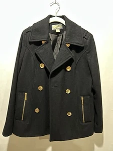 Precioso abrigo Michael Kors de lana negra con guisantes ~ botones dorados/bolsillos con cremallera talla 8 (B-145) - Imagen 1 de 10