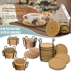 Cork Coasters W/ Holder Drink Tea Coffee Absorbent Round Cup Pad Mat Table Decor - Picture 1 of 38