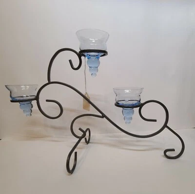 Candelabro para 3 velas hierro metal níquel cepillado con 3 soportes de vidrio azul Foto 1 de 4