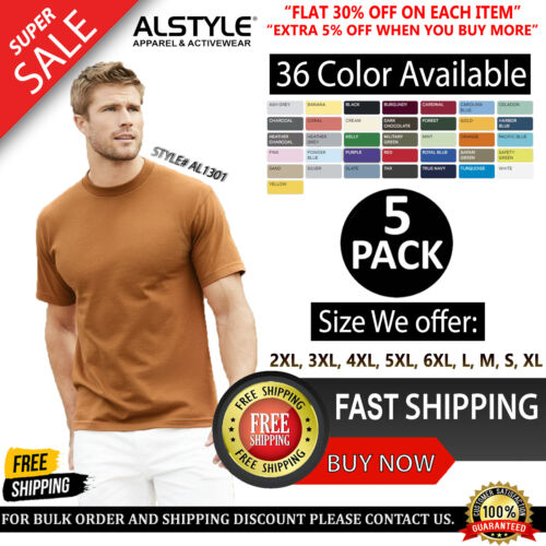 5 PACK OF American Apparel Adult Cotton Plain Short Sleeves T-Shirt - AL1301