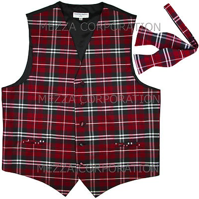 New Vesuvio Napoli Men's plaid Tuxedo Vest Waistcoat_Self Tie Bowtie Red - Image 1 of 4
