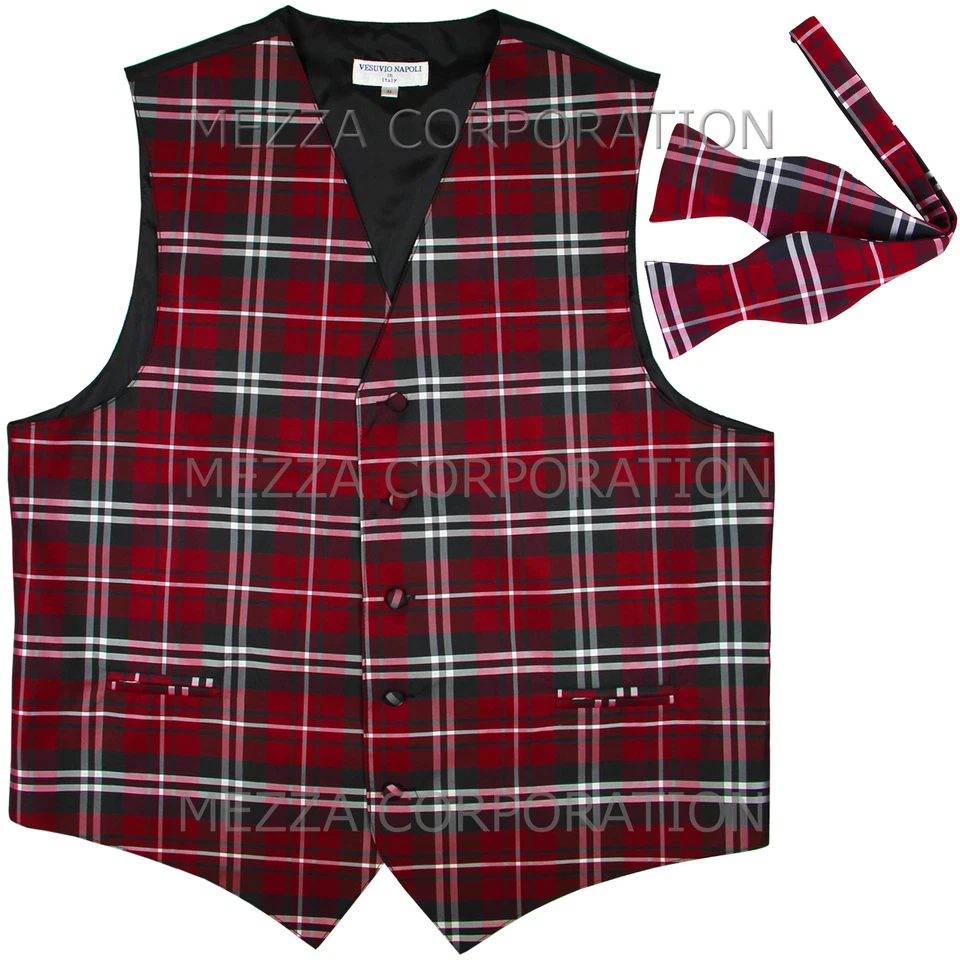 New Vesuvio Napoli Men's plaid Tuxedo Vest Waistcoat_Self Tie Bowtie Red - Image 1 of 4