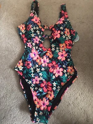 NWT S Island Soul One Piece Swimsuit Neon Floral Print Tie Front Bathing Suit - Image 1 of 2